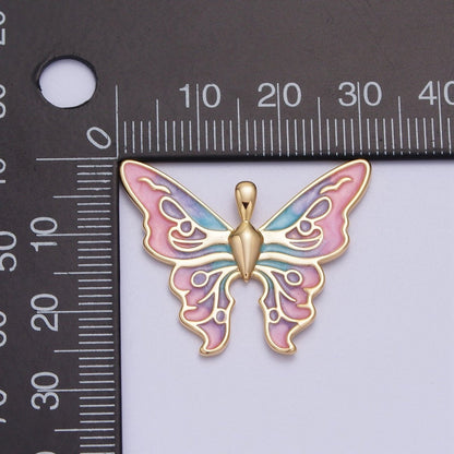 24K Gold Filled Mariposa Butterfly Multicolor Gradient Pink Blue Purple Enamel Pendant  H-200
