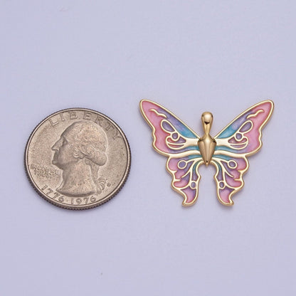 24K Gold Filled Mariposa Butterfly Multicolor Gradient Pink Blue Purple Enamel Pendant  H-200