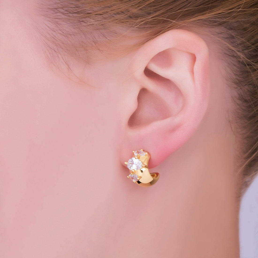24K Gold Filled Marquise Round Cluster CZ C-Shaped Hoop Earrings | T227