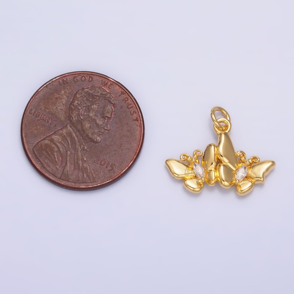 24K Gold Filled 12mm Marquise CZ Double Butterfly Mariposa Charm in Gold &amp; Silver | W828