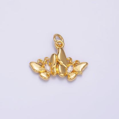 24K Gold Filled 12mm Marquise CZ Double Butterfly Mariposa Charm in Gold &amp; Silver | W828