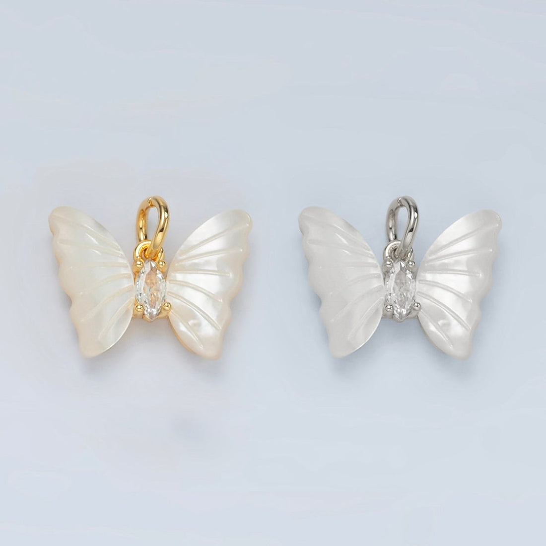 24K Gold Filled Marquise CZ Shell Pearl Butterfly Charm | D666
