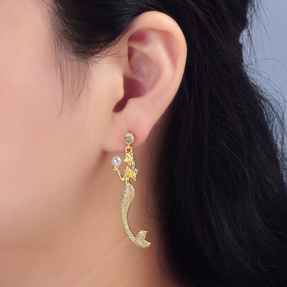 24K Gold Filled Mermaid Shell Pearl Micro Paved CZ Drop Stud Earrings | P111