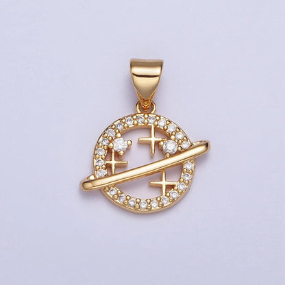 24K Gold Filled Micro Pave Celestial Star Space Planet Pendant For Necklace Making X-438