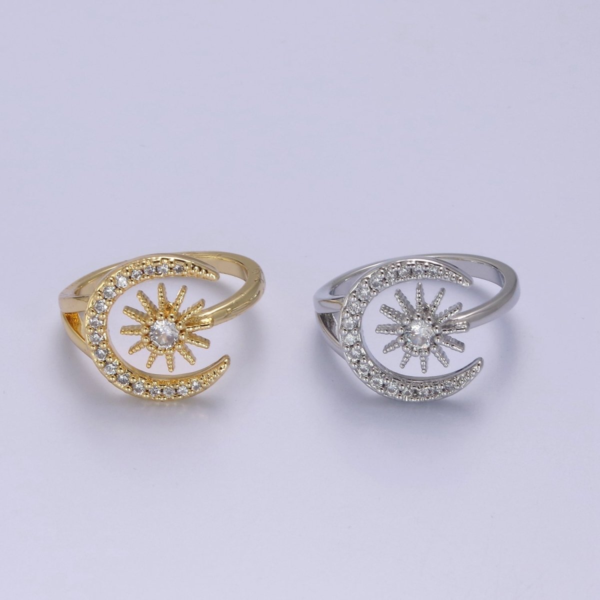 24K Gold Filled Micro Pave Crystal Cubic Zirconia Celestial Ring, Crescent Moon, Star Sun Adjustable Ring in Gold &amp; Silver S-343 S-344