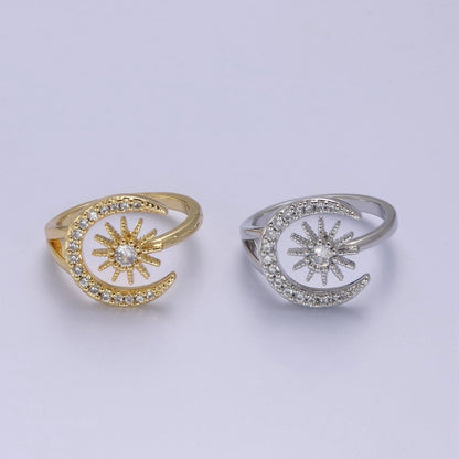 24K Gold Filled Micro Pave Crystal Cubic Zirconia Celestial Ring, Crescent Moon, Star Sun Adjustable Ring in Gold &amp; Silver S-343 S-344