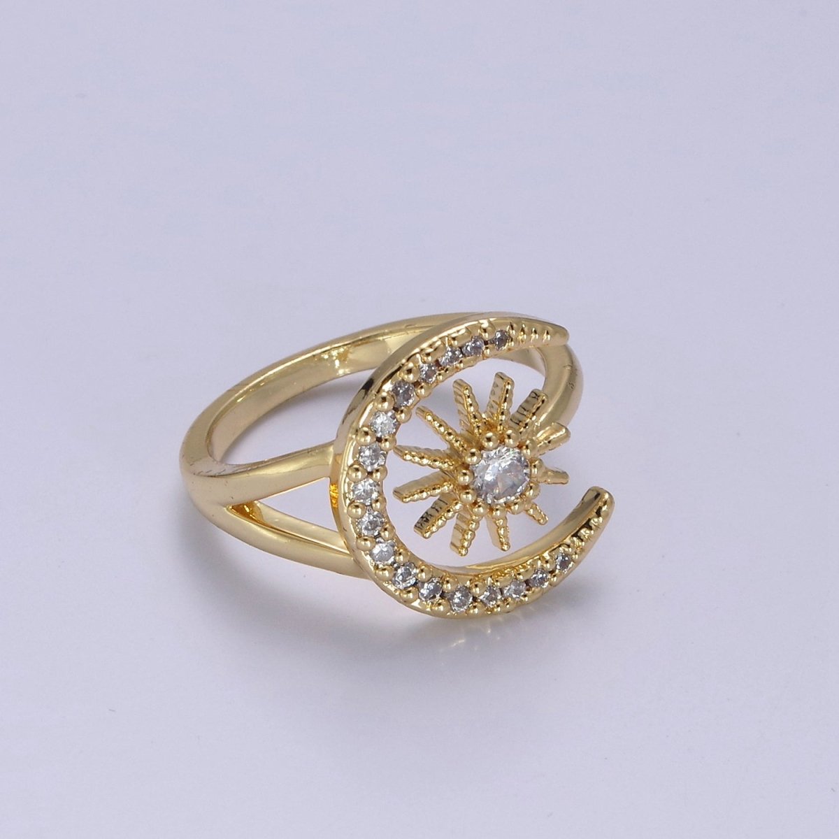 24K Gold Filled Micro Pave Crystal Cubic Zirconia Celestial Ring, Crescent Moon, Star Sun Adjustable Ring in Gold &amp; Silver S-343 S-344