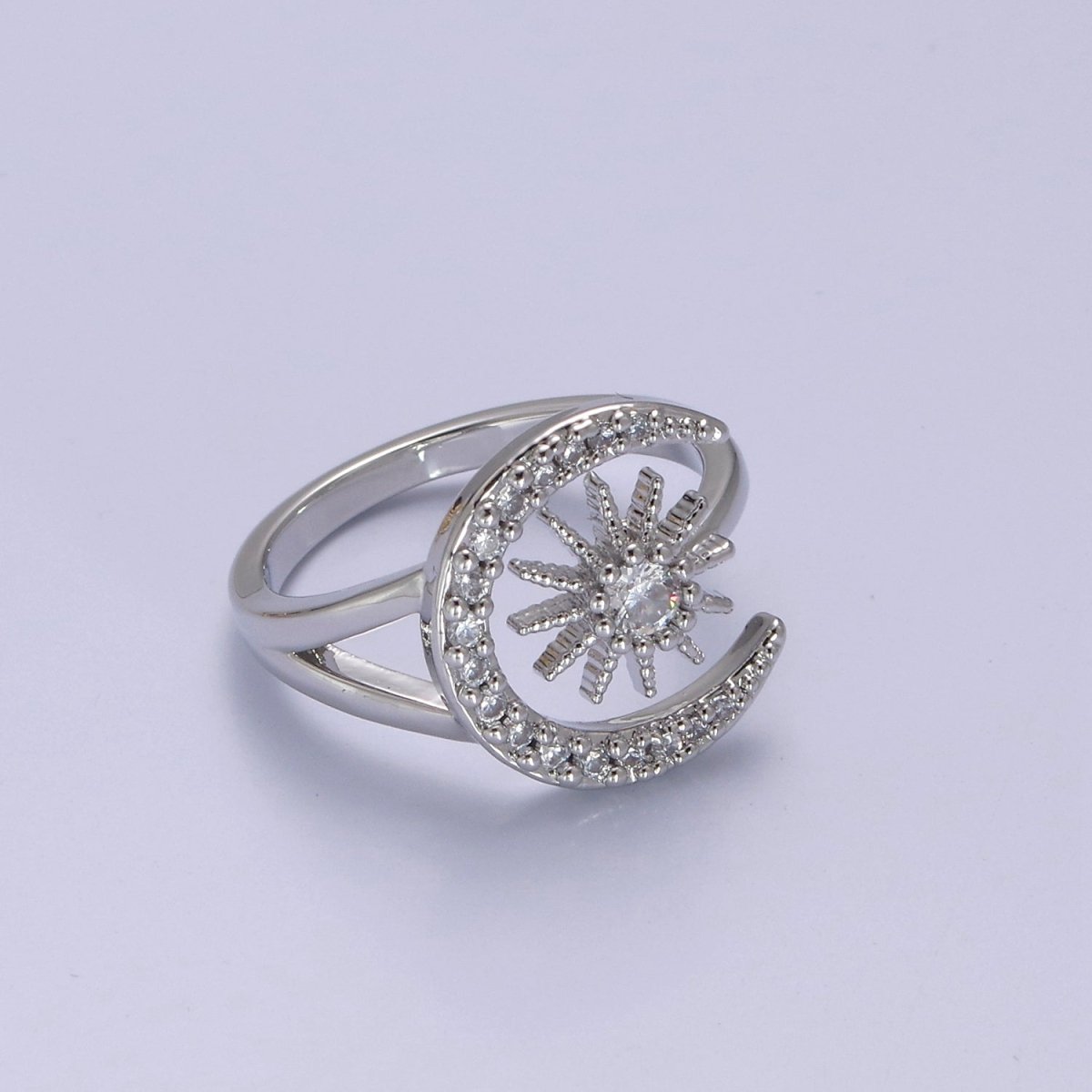 24K Gold Filled Micro Pave Crystal Cubic Zirconia Celestial Ring, Crescent Moon, Star Sun Adjustable Ring in Gold &amp; Silver S-343 S-344