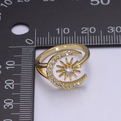 24K Gold Filled Micro Pave Crystal Cubic Zirconia Celestial Ring, Crescent Moon, Star Sun Adjustable Ring in Gold &amp; Silver S-343 S-344