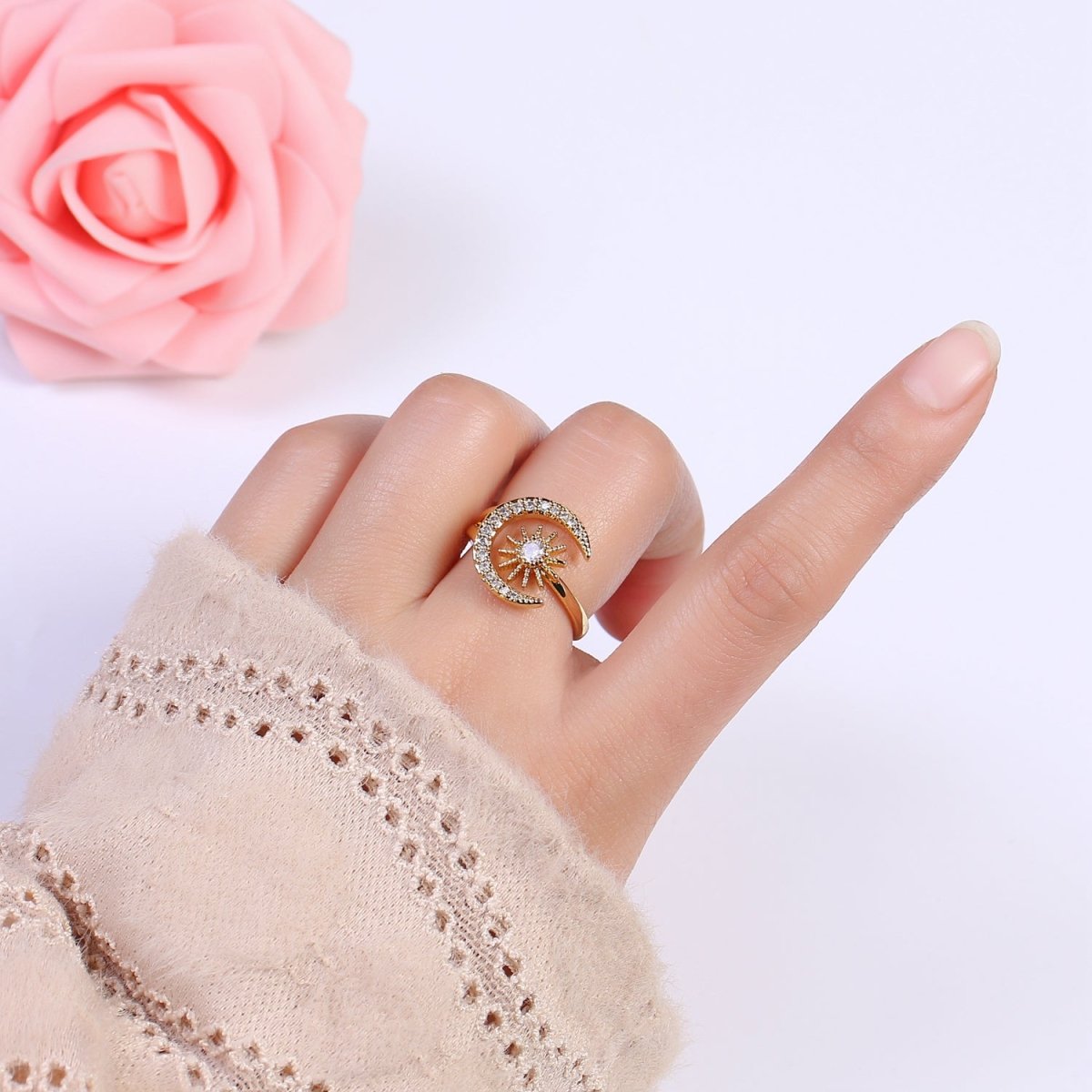 24K Gold Filled Micro Pave Crystal Cubic Zirconia Celestial Ring, Crescent Moon, Star Sun Adjustable Ring in Gold &amp; Silver S-343 S-344