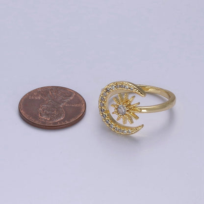 24K Gold Filled Micro Pave Crystal Cubic Zirconia Celestial Ring, Crescent Moon, Star Sun Adjustable Ring in Gold &amp; Silver S-343 S-344