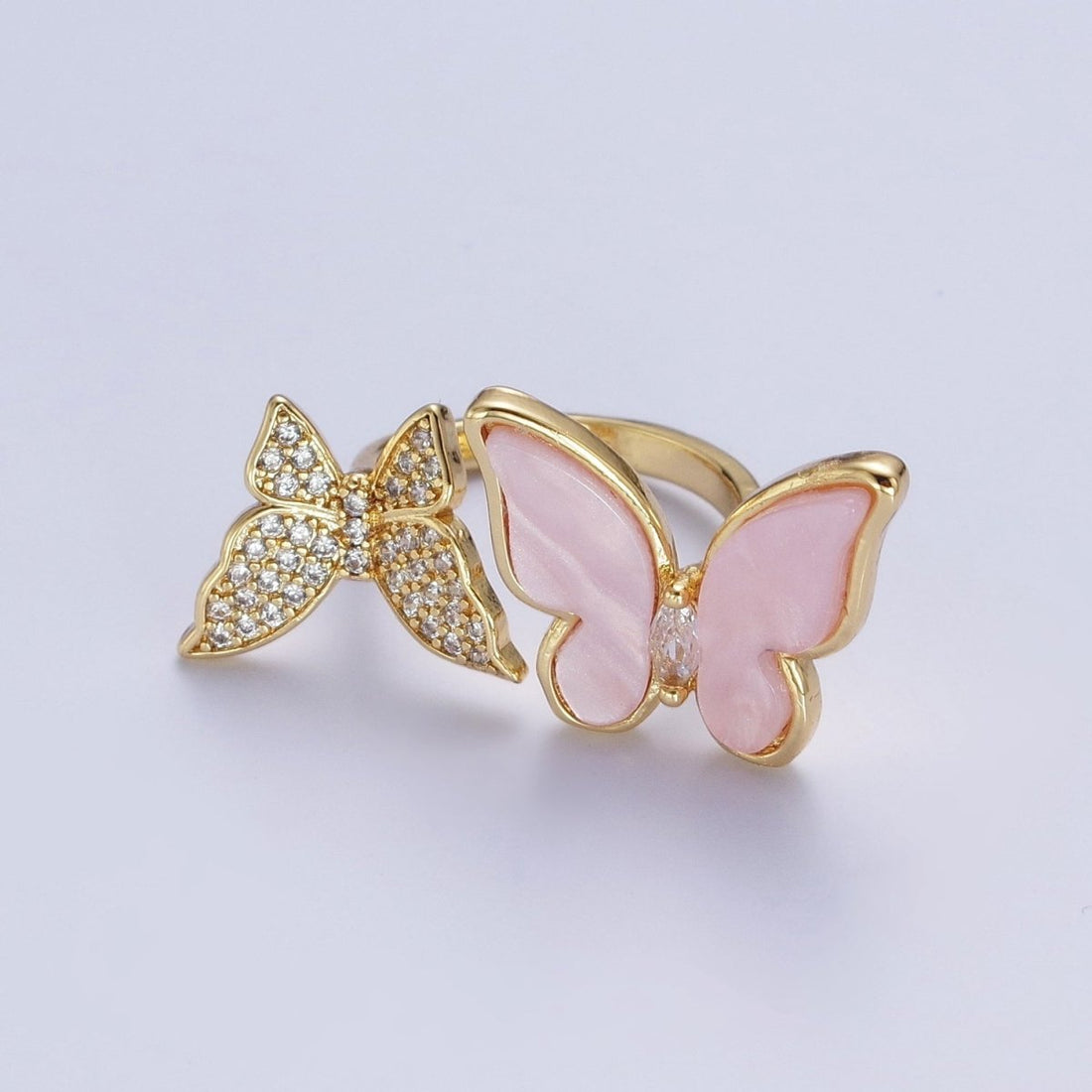 24K Gold Filled Micro Pave Cubic Zirconia Butterfly &amp; Shell Mariposa Double Insect Butterfly Open Ring S-244