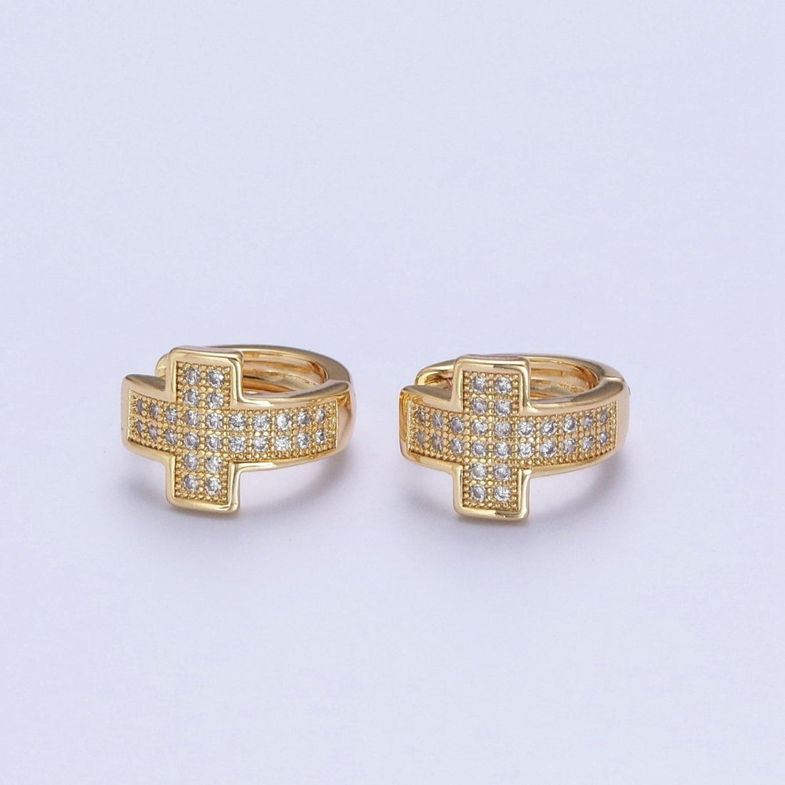 24K Gold Filled Micro Pave Cubic Zirconia Religious Cross Huggie Hoop Earrings T-037