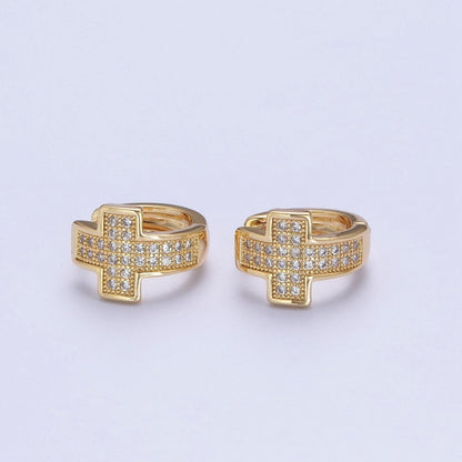24K Gold Filled Micro Pave Cubic Zirconia Religious Cross Huggie Hoop Earrings T-037