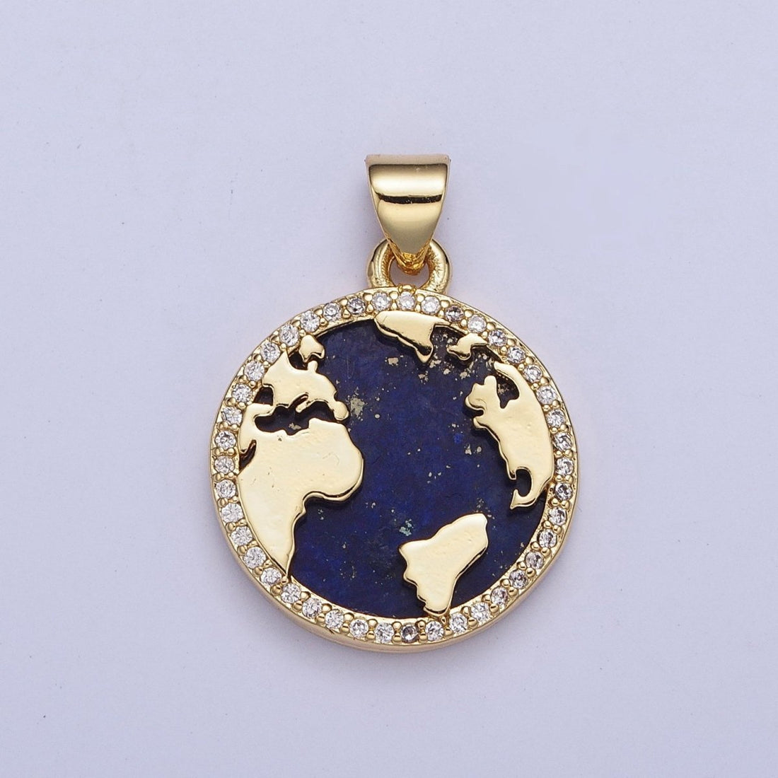 24K Gold Filled Micro Pave CZ Blue Lapiz Globe World Map Medallion Pendant For Traveler Gift X-426