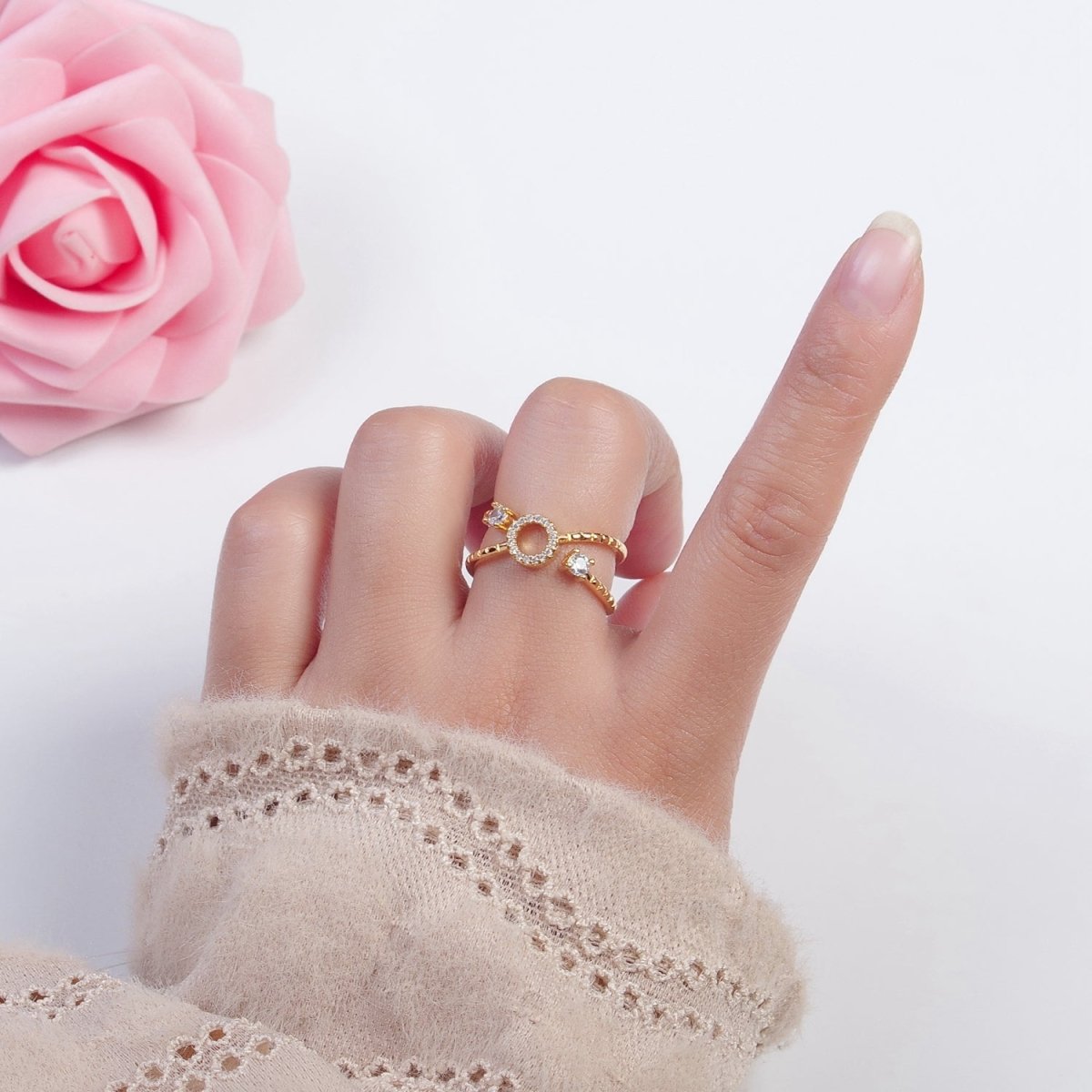 24K Gold Filled Micro Pave CZ Round Double Band Ring in Silver &amp; Gold O-2279 O-2280