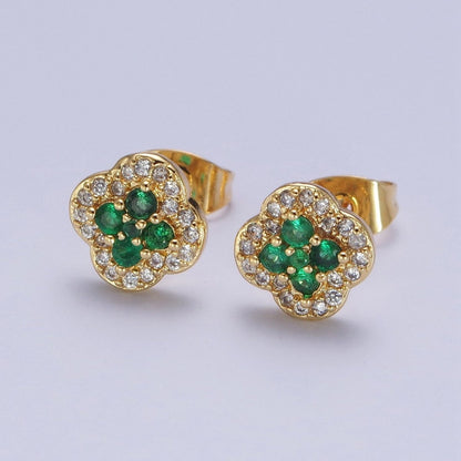 24K Gold Filled Micro Pave Green &amp; Clear Cubic Zirconia Lucky Clover Leaf Stud Earrings | AD-512