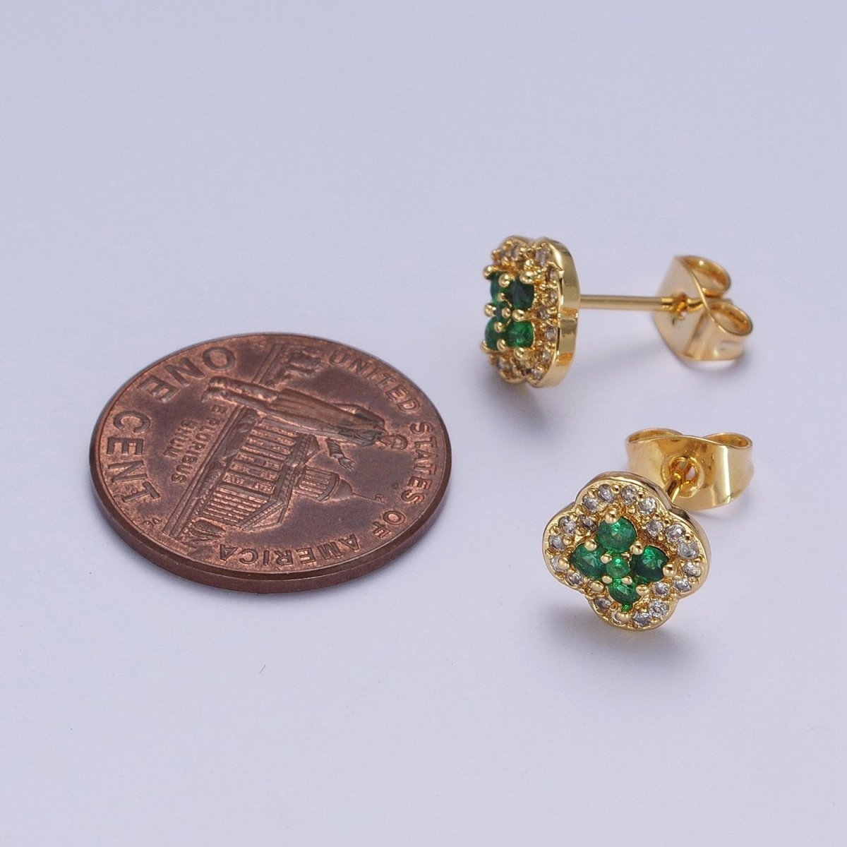 24K Gold Filled Micro Pave Green &amp; Clear Cubic Zirconia Lucky Clover Leaf Stud Earrings | AD-512
