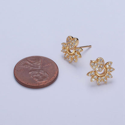 24K Gold Filled Micro Pave Heart Sunburst Sun Ray Stud Earrings T-134