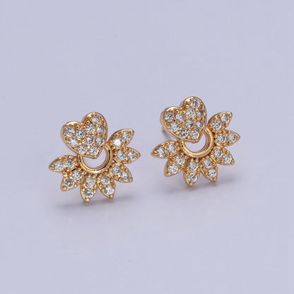 24K Gold Filled Micro Pave Heart Sunburst Sun Ray Stud Earrings T-134