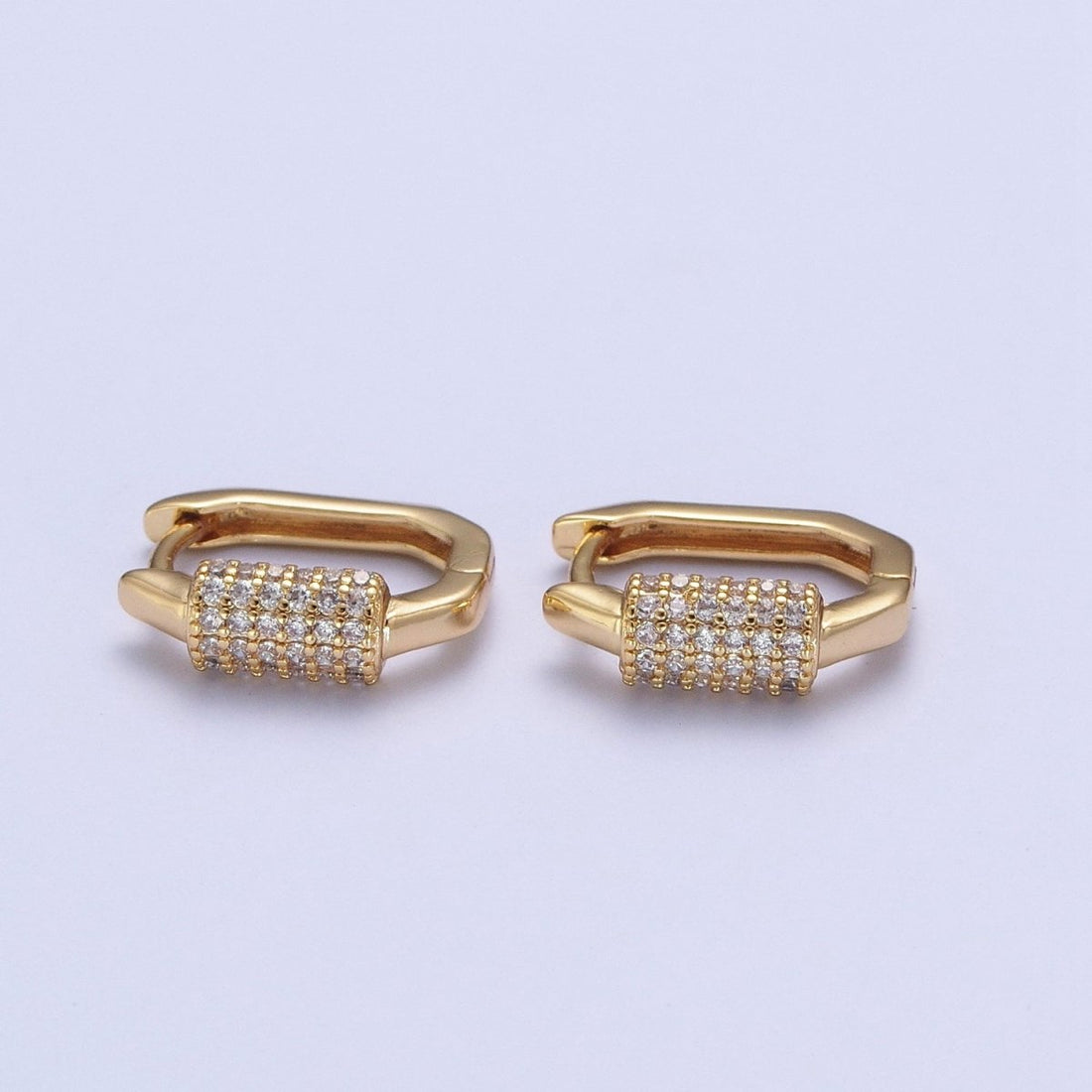 24K Gold Filled Micro Pave Long Oval Hexagonal Huggie Hoop T-00033