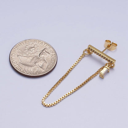 24K Gold Filled Micro Paved Bar And Box Chain Drape Baguette CZ Stud Earrings | AD-206