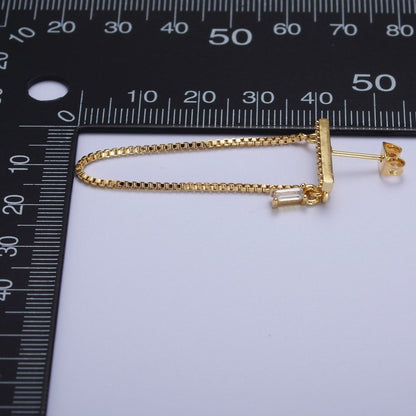 24K Gold Filled Micro Paved Bar And Box Chain Drape Baguette CZ Stud Earrings | AD-206