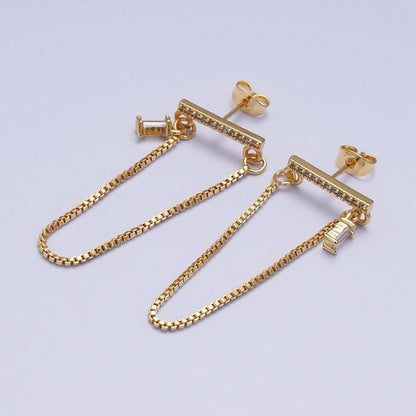 24K Gold Filled Micro Paved Bar And Box Chain Drape Baguette CZ Stud Earrings | AD-206