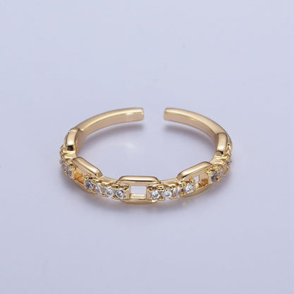 24K Gold Filled Micro Paved Cubic Zirconia Chain Link Adjustable Gold Ring | S-441