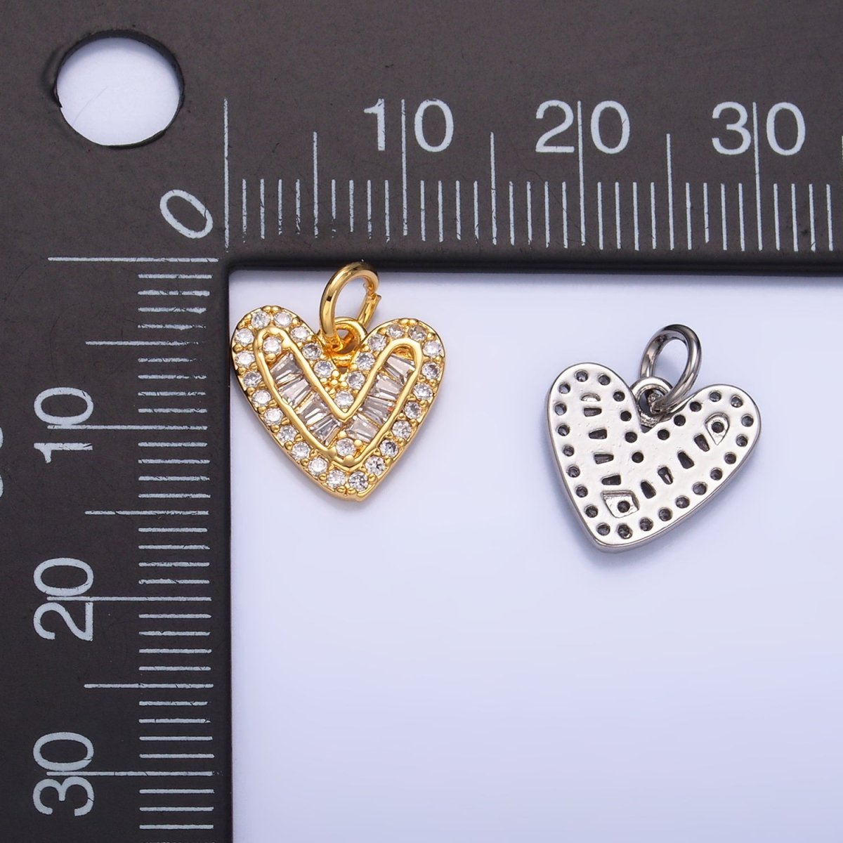 24K Gold Filled Micro Paved CZ Baguette Heart Charm in Gold &amp; Silver | W446