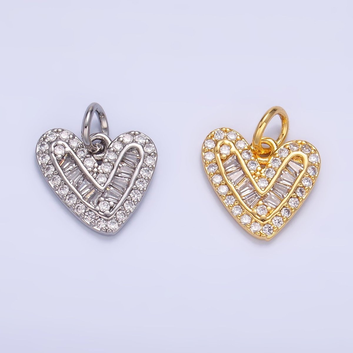 24K Gold Filled Micro Paved CZ Baguette Heart Charm in Gold &amp; Silver | W446