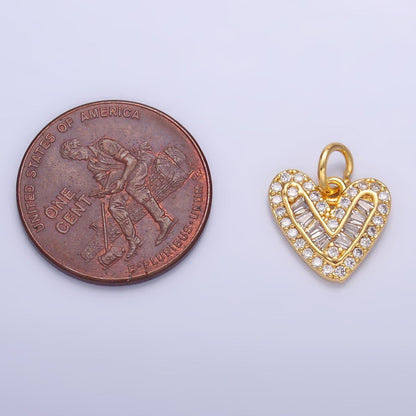 24K Gold Filled Micro Paved CZ Baguette Heart Charm in Gold &amp; Silver | W446