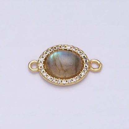 24K Gold Filled Micro Paved CZ Blue Agate, Amazonite, Rose Quartz, Labradorite Oval Gemstone Connector | Y-799 Y-800