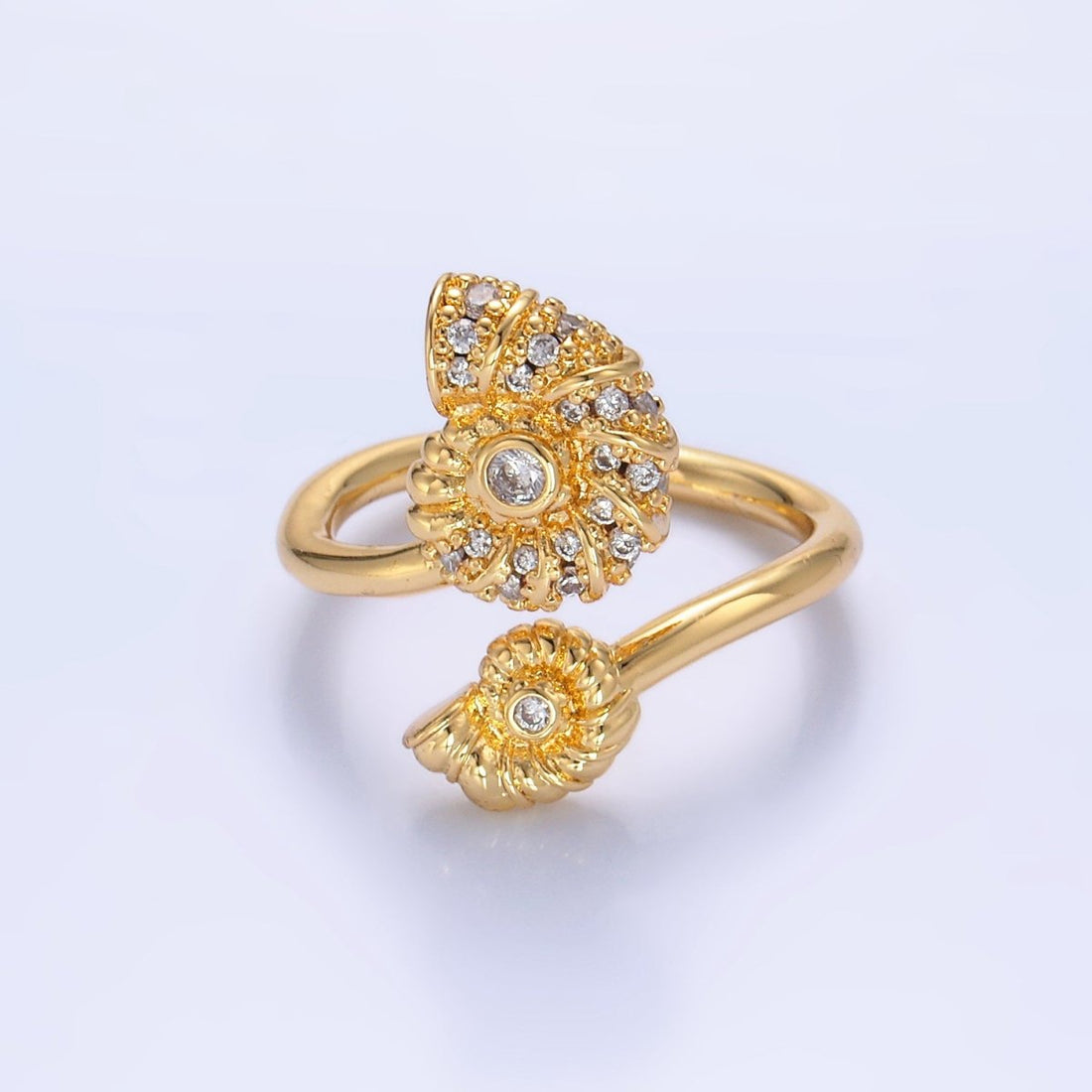 24K Gold Filled Micro Paved CZ Clam Shell Pearl Wrap Ring | U423