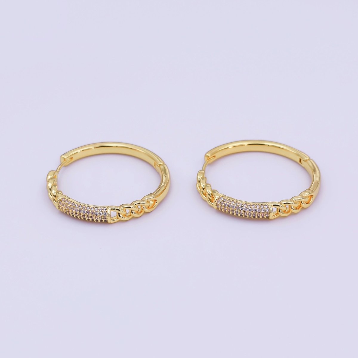 24K Gold Filled Micro Paved CZ Curb Link Hoop Earrings in Gold &amp; Silver | AI545 AI546
