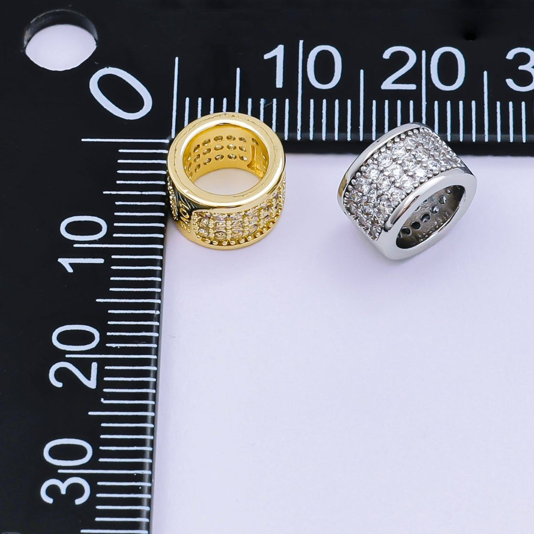 24K Gold Filled Micro Paved CZ Wide Rondelle Spacer in Silver &amp; Gold | B033