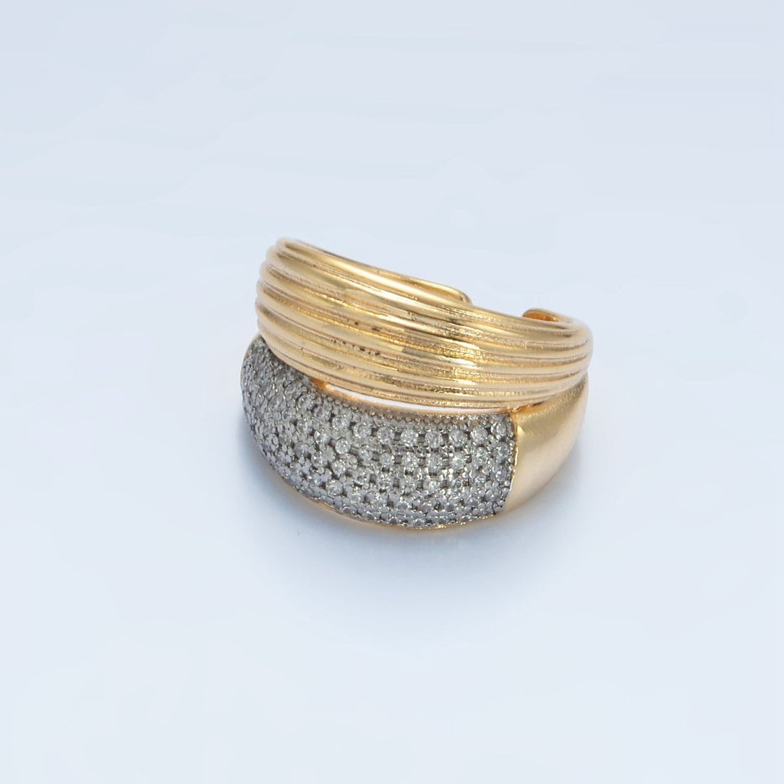 24K Gold Filled Micro Paved CZ Double Band Dome Signet Ring Mix Metal Jewelry | O1405