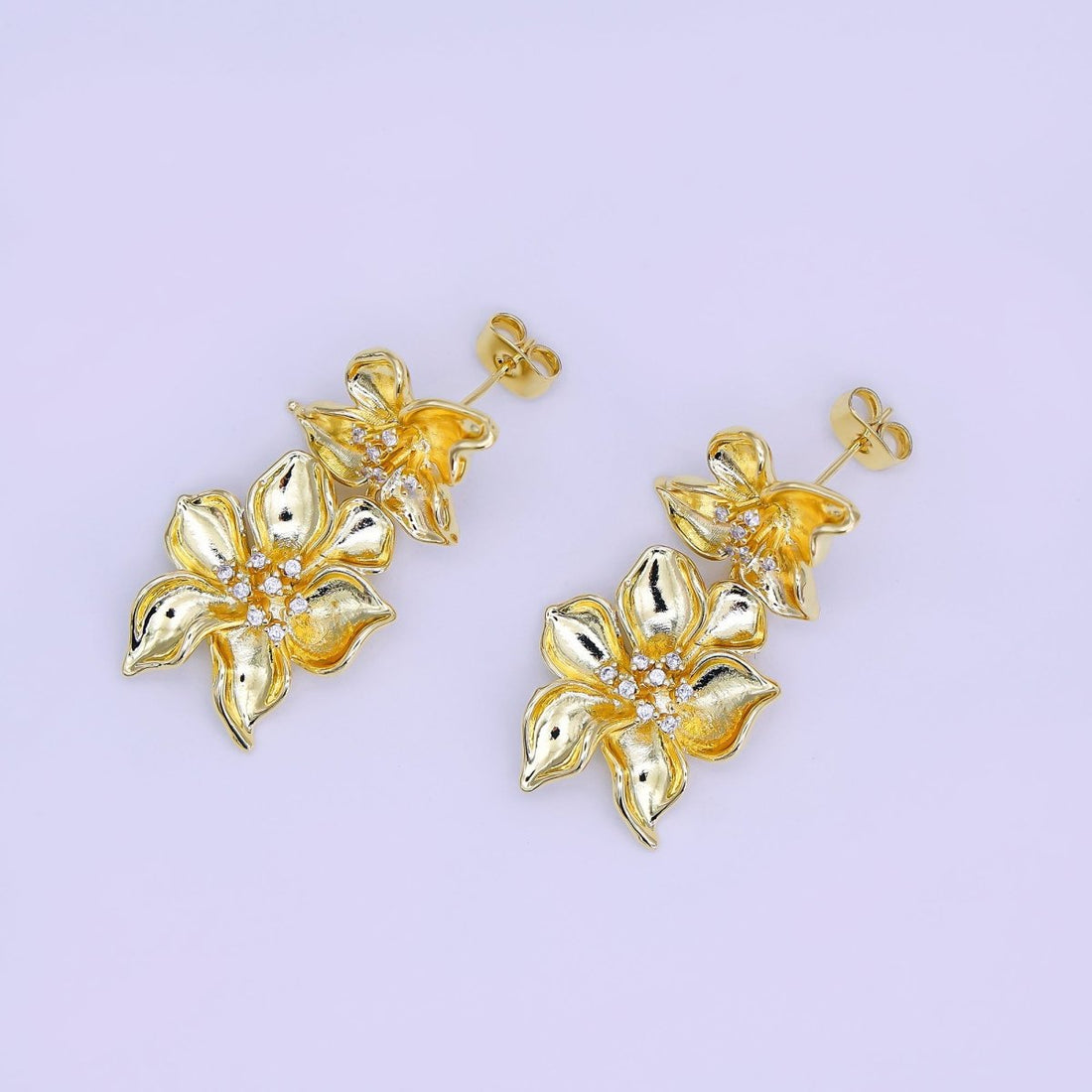 24K Gold Filled Micro Paved CZ Double Bloom Flower Stud Earrings | AJ-0040