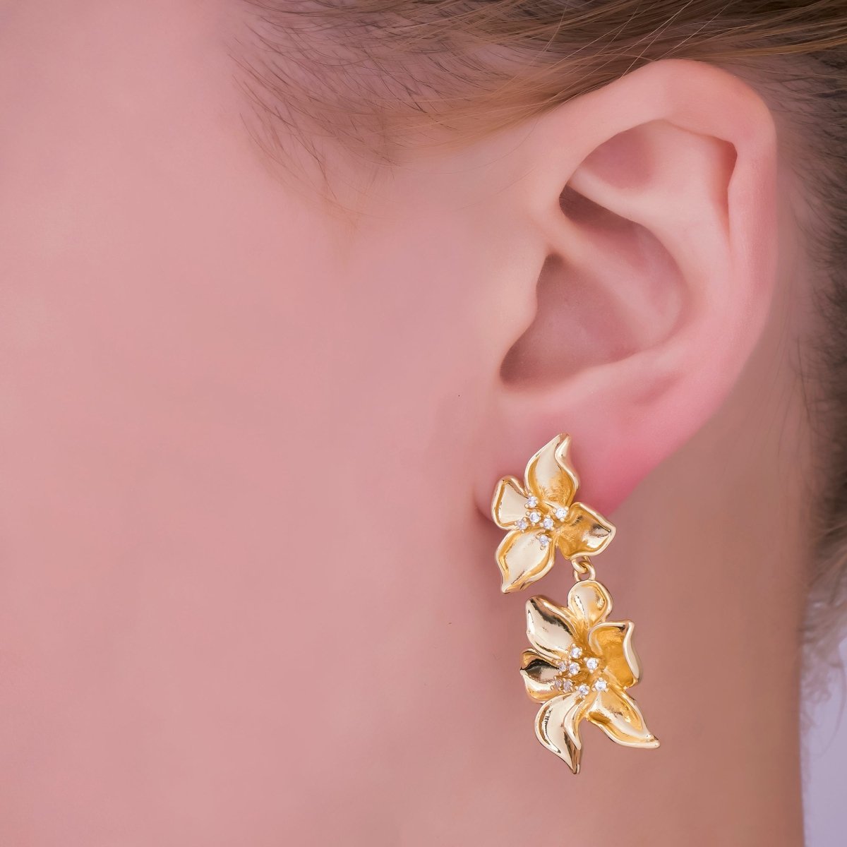 24K Gold Filled Micro Paved CZ Double Bloom Flower Stud Earrings | AJ-0040