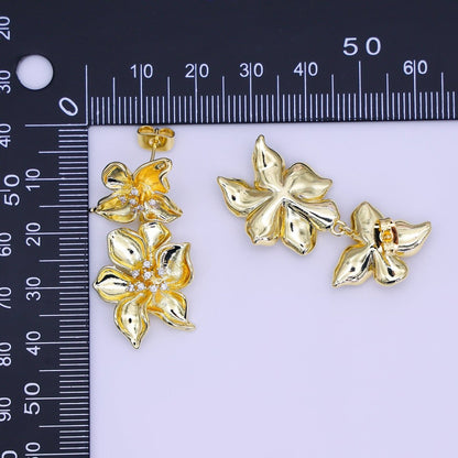 24K Gold Filled Micro Paved CZ Double Bloom Flower Stud Earrings | AJ-0040