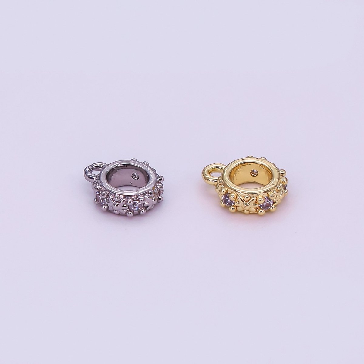 24K Gold Filled Micro Paved CZ Flower Round Floral Bead Spacer in Silver &amp; Gold | Z1281