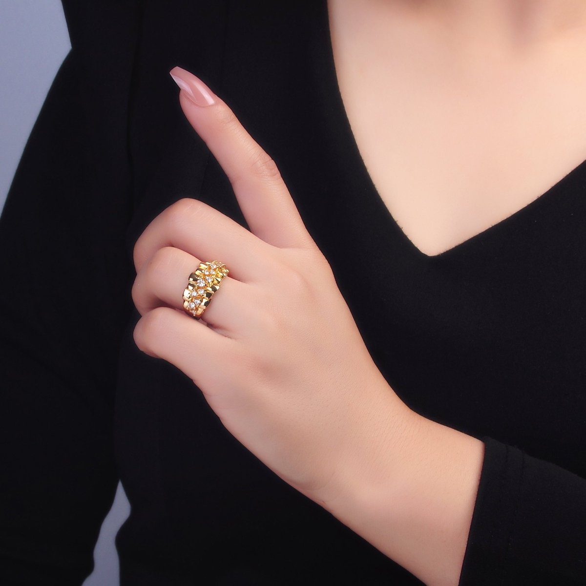 24K Gold Filled Micro Paved CZ Foil Fold Ring in Gold &amp; Silver | O443 O444