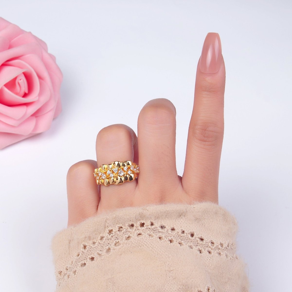 24K Gold Filled Micro Paved CZ Foil Fold Ring in Gold &amp; Silver | O443 O444