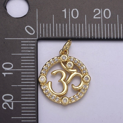 24K Gold Filled Micro Paved CZ Hindu Om Symbol Round Charm N-248