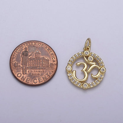 24K Gold Filled Micro Paved CZ Hindu Om Symbol Round Charm N-248