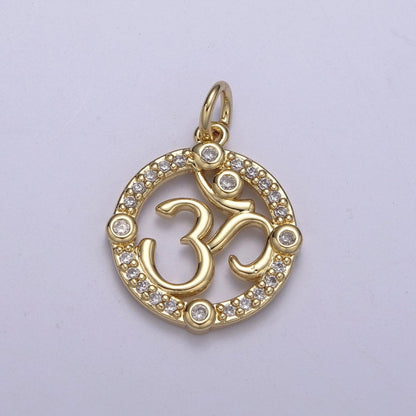 24K Gold Filled Micro Paved CZ Hindu Om Symbol Round Charm N-248
