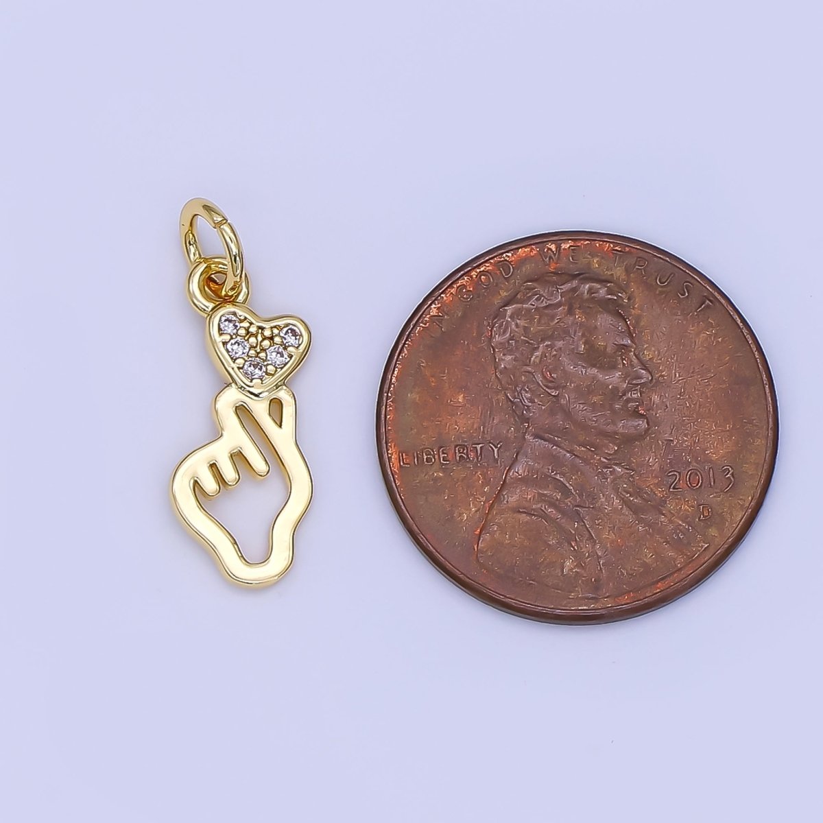 24K Gold Filled Micro Paved CZ Korean Love Heart Hand Gesture Charm | N1244