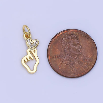 24K Gold Filled Micro Paved CZ Korean Love Heart Hand Gesture Charm | N1244
