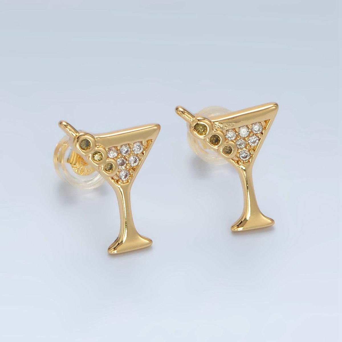 24K Gold Filled 9.5mm Micro Paved CZ Martini Alcohol Drink Earrings in Gold &amp; Silver | AD691 AD692