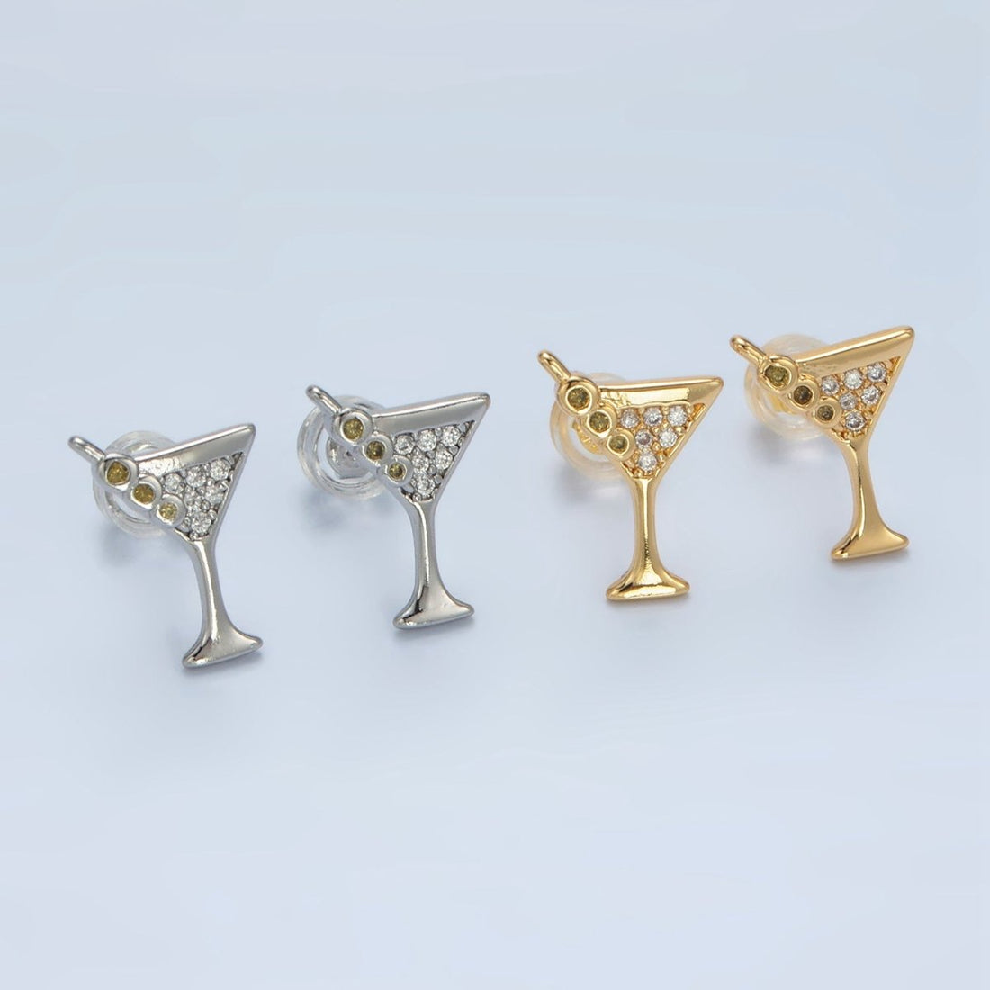 24K Gold Filled 9.5mm Micro Paved CZ Martini Alcohol Drink Earrings in Gold &amp; Silver | AD691 AD692